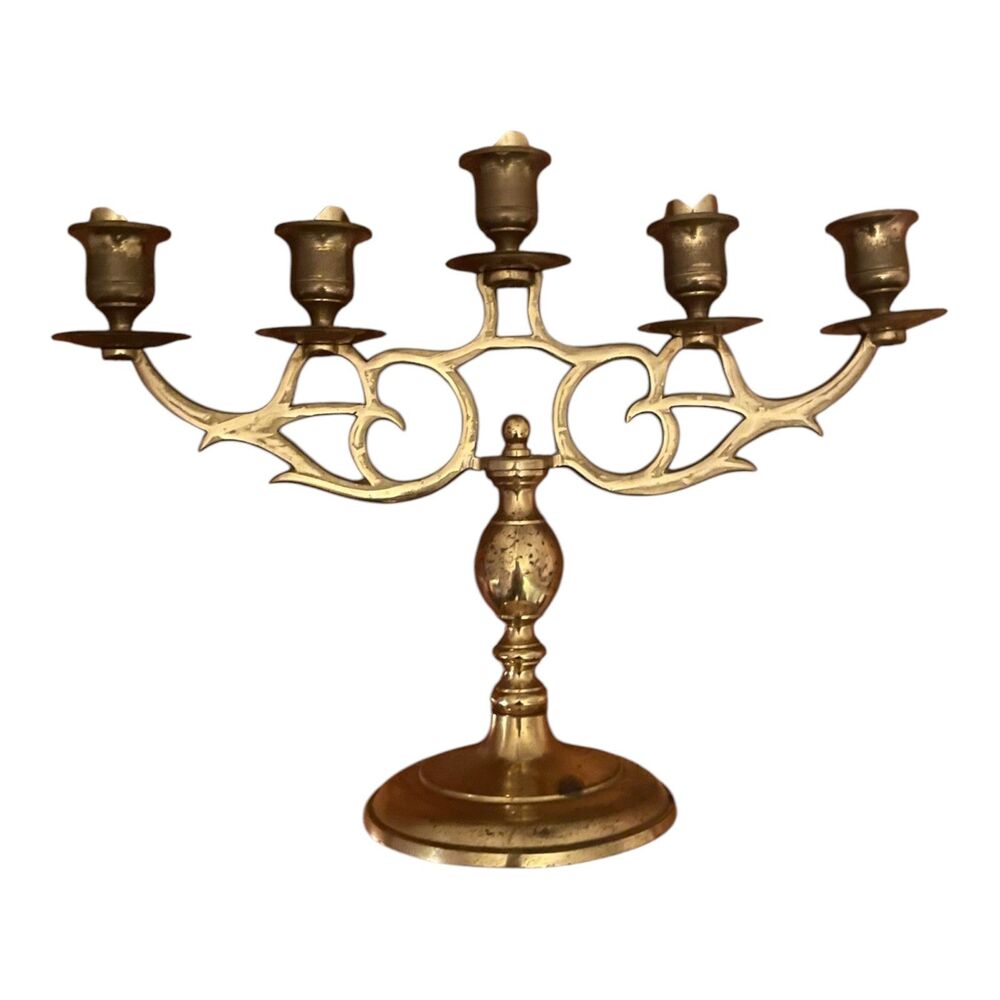 Vintage Midcentury Ornate 5 Arm Brass Candelabra Gothic Baroque Centerpiece